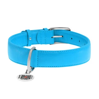 Нашийник для собак шкіряний WAUDOG Glamour з QR паспортом, без прикрас, Ш 35 мм, Дл 46-60 см, блакитний