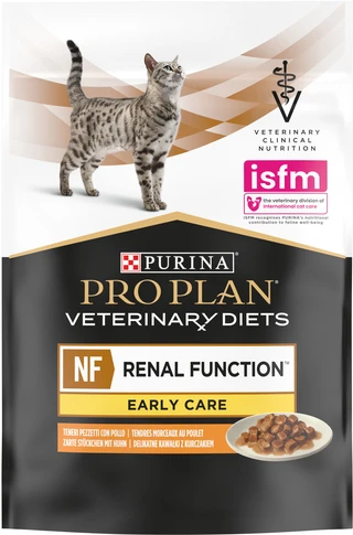 Упаковка вологого дієтичного корму для дорослих котів Purina Pro Plan Veterinary Diets NF Renal Function Early Care при патології нирок на ранніх стадіях з куркою 10 x 85 г