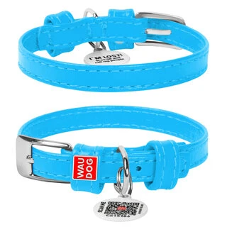 Ошейник для собак кожаный WAUDOG Glamour с QR паспортом, без украшений, Ш 9 мм, Дл 19-25 см, голубой