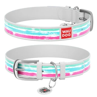 Ошейник WAUDOG Design с рисунком "Акварельные полоски", премиум кожа, металлическая пряжка (ширина 12 мм, длина 19-25 см), белый
