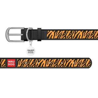 Ошейник WAUDOG Design с рисунком "Тигр", премиум кожа, металлическая пряжка (ширина 35 мм, длина 46-60 см), черный