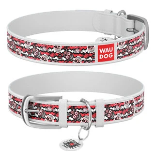 Нашийник WAUDOG Design з малюнком "Цукрові черепи", преміум шкіра, металевий пряжка (ширина 15 мм, довжина 27-36 см), білий