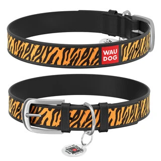 Ошейник WAUDOG Design с рисунком "Тигр", премиум кожа, металлическая пряжка (ширина 12 мм, длина 21-29 см), черный