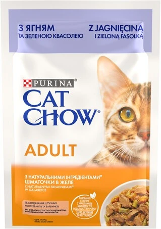 Упаковка влажного корма для взрослых кошек Purina Cat Chow Adult с ягненком и зеленой фасолью 85 г x 26 шт