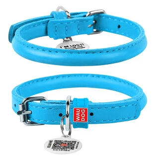 Ошейник для собак кожаный WAUDOG Glamour с QR паспортом, круглый, Д 6 мм, Дл 17-20 см, голубой