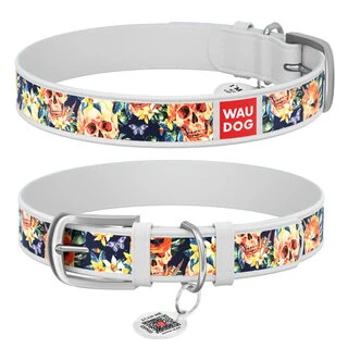 Ошейник WAUDOG Design с рисунком "Гламурные черепа", премиум кожа, металлическая пряжка (ширина 12 мм, длина 21-29 см), белый