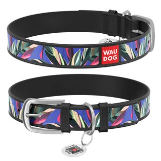 Ошейник WAUDOG Design с рисунком "Листва", премиум кожа, металлическая пряжка (ширина 25 мм, длина 38-49 см), черный