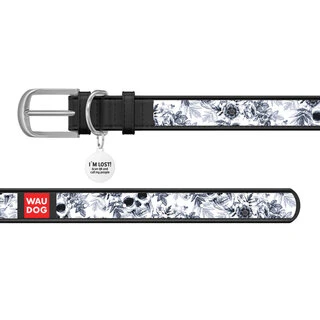 Нашийник WAUDOG Design з малюнком "Чорно-білі черепи", преміум шкіра, металевий пряжка (ширина 35 мм, довжина 46-60 см), чорний