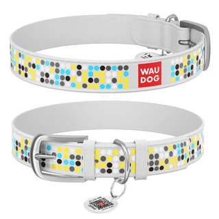Ошейник WAUDOG Design с рисунком "Мозаика", премиум кожа, металлическая пряжка (ширина 20 мм, длина 30-39 см), белый