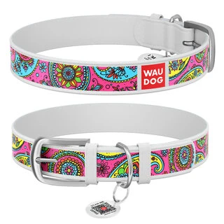 Ошейник WAUDOG Design с рисунком "Пейсли", премиум кожа, металлическая пряжка (ширина 25 мм, длина 38-49 см), белый