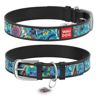 Нашийник WAUDOG Design з малюнком "Лазурь", преміум шкіра, металевий пряжка (ширина 12 мм, довжина 19-25 см), чорний
