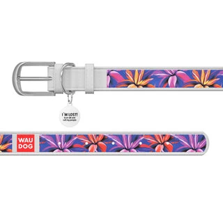 Нашийник WAUDOG Design з малюнком "Фіолетові листя", преміум шкіра, металевий пряжка (ширина 15 мм, довжина 27-36 см), білий