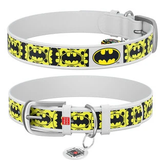 Нашийник для собак шкіряний WAUDOG Design з QR паспортом, малюнок "Бетмен4", Ш 20 мм, Дл 29-38 см, білий