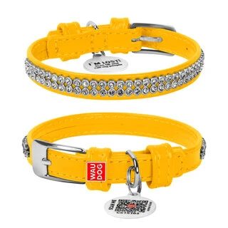 Нашийник для собак шкіряний WAUDOG Glamour з QR паспортом, з прикрасою "Полотно страз", Ш 9 мм, Дл 19-25 см, жовтий
