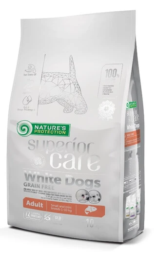 Сухой беззерновой корм для взрослых собак малых пород с белой шерстью, с лососем Superior Care White dogs 10kg