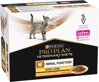 Упаковка вологого дієтичного корму для дорослих котів Purina Pro Plan Veterinary Diets NF Renal Function Early Care при патології нирок на ранніх стадіях з куркою 10 x 85 г