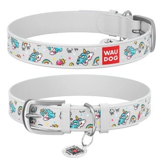 Ошейник WAUDOG Design с рисунком "Единороги", премиум кожа, металлическая пряжка (ширина 35 мм, длина 46-60 см), белый