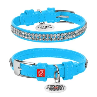 Нашийник для собак шкіряний WAUDOG Glamour з QR паспортом, з прикрасою "Полотно страз", Ш 9 мм, Дл 19-25 см, блакитний