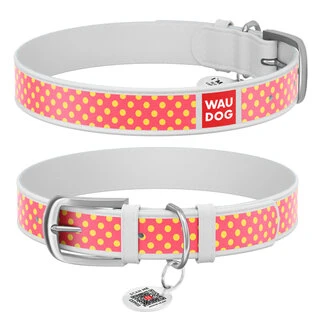 Нашийник WAUDOG Design з малюнком "Рожева полька", преміум шкіра, металевий пряжка (ширина 35 мм, довжина 46-60 см), білий