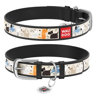 Нашийник WAUDOG Design з малюнком "Собачки на прогулянці", преміум шкіра, металевий затискач (ширина 12 мм, довжина 19-25 см), чорний