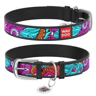 Нашийник для собак шкіряний WAUDOG Design з QR паспортом, малюнок "Літо", Ш 20 мм, Дл 30-39 см, чорний