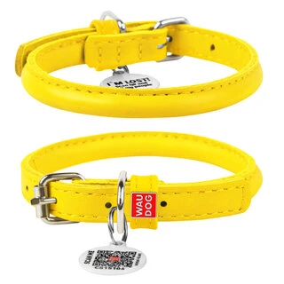 Ошейник для собак кожаный WAUDOG Glamour с QR паспортом, круглый, Д 6 мм, Дл 17-20 см, желтый