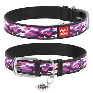 Нашийник WAUDOG Design з малюнком "Рожевий камо", преміум шкіра, металевий пряжка (ширина 20 мм, довжина 30-39 см), чорний
