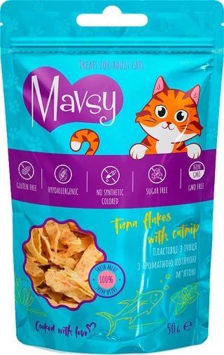 Лакомство для кошек Mavsy Tuna flakes with Catnip - Мавси Хлопья из тунца с ароматной кошачьей мятой для кошек 50 г