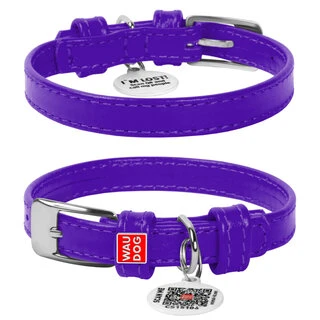 Ошейник для собак кожаный WAUDOG Glamour с QR паспортом, без украшений, Ш 12 мм, Дл 21-29 см, фиолетовый