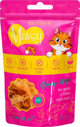 Ласощі для котів Mavsy Mini Salmon Strips - Мавсі Міні смужки з в'яленого дикого лосося для котів 50 г