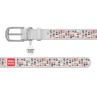 Ошейник WAUDOG Design с рисунком "Смешные точки", премиум кожа, металлическая пряжка (ширина 35 мм, длина 46-60 см), белый