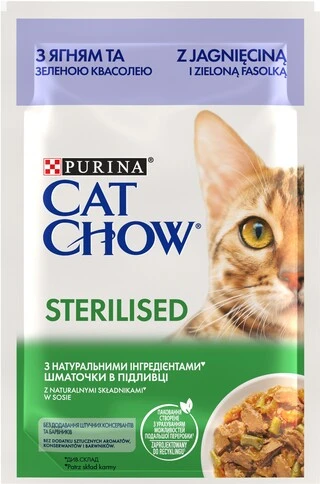 Упаковка влажного корма для взрослых стерилизованных кошек Purina Cat Chow Sterilised с ягненком и зеленой фасолью 85 г х 26 шт