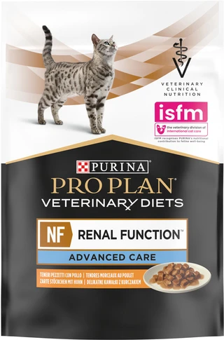 Упаковка вологого дієтичного корму для дорослих котів Purina Pro Plan Veterinary Diets NF Renal Function Advanced Care при патології нирок з куркою 10 x 85 г
