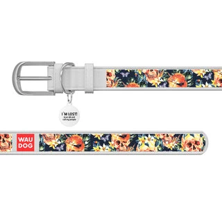 Ошейник WAUDOG Design с рисунком "Гламурные черепа", премиум кожа, металлическая пряжка (ширина 25 мм, длина 38-49 см), белый