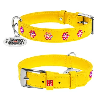 Нашийник для собак шкіряний WAUDOG Glamour з QR паспортом, з клейовими стразами "Квітка", Ш 20 мм, Дл 30-39 см, жовтий