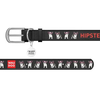 Ошейник WAUDOG Design с рисунком "Хипстер", премиум кожа, металлическая пряжка (ширина 25 мм, длина 38-49 см), черный