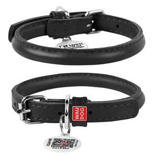 Ошейник для собак кожаный WAUDOG Glamour с QR паспортом, круглый, Д 8 мм, Дл 25-33 см, черный