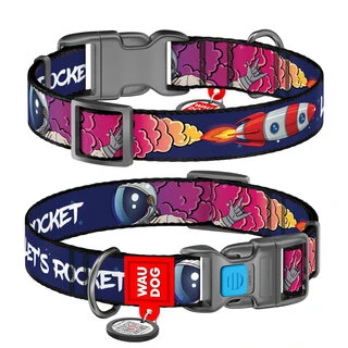 Ошейник для собак нейлоновый WAUDOG Nylon c QR-паспортом, рисунок "Космос. Ракета", пластиковый фастекс, S, Ш 15 мм, Дл 23-35 см