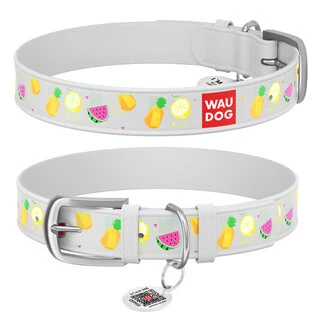 Ошейник WAUDOG Design с рисунком "Фрукты", премиум кожа, металлическая пряжка (ширина 35 мм, длина 46-60 см), белый