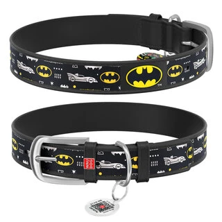 Нашийник для собак шкіряний WAUDOG Design з QR паспортом, малюнок "Бетмен3", Ш 15 мм, Дл 26-35 см, чорний