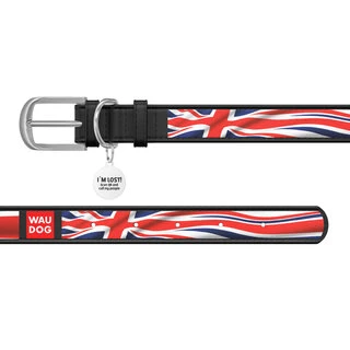 Нашийник WAUDOG Design з малюнком "Юніон Джек", преміум шкіра, металевий пряжка (ширина 15 мм, довжина 27-36 см), чорний
