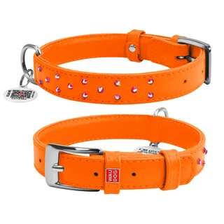Нашийник для собак шкіряний WAUDOG Glamour з QR паспортом, з клейовими стразами, Ш 25 мм, Дл 38-49 см, оранжевий