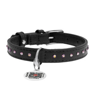 Нашийник для собак шкіряний WAUDOG Glamour з QR паспортом, з клейовими стразами, Ш 12 мм, Дл 21-29 см, чорний