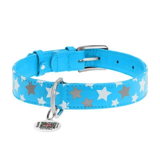 Нашийник для собак шкіряний WAUDOG Glamour з QR паспортом, візерунок "Зірочка", що світиться/світловідбиваючий, Ш 25 мм, Дл 38-49 см, блакитний