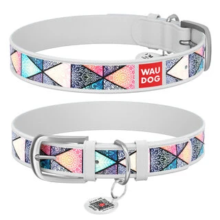 Ошейник WAUDOG Design с рисунком "Бохо", премиум кожа, металлическая пряжка (ширина 12 мм, длина 19-25 см), белый