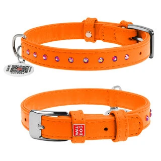 Ошейник для собак кожаный WAUDOG Glamour с QR паспортом, с клеевыми стразами, Ш 15 мм, Дл 27-36 см, оранжевый