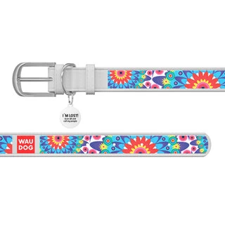 Ошейник для собак кожаный WAUDOG Design с QR паспортом, рисунок "Цветы", Ш 20 мм, Дл 30-39 см, белый