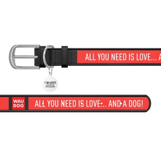 Нашийник WAUDOG Design з малюнком "Любов і собаки", преміум шкіра, металевий пряжка (ширина 12 мм, довжина 21-29 см), чорний