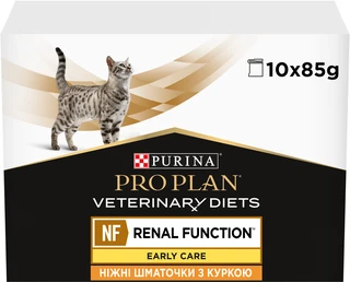 Упаковка вологого дієтичного корму для дорослих котів Purina Pro Plan Veterinary Diets NF Renal Function Early Care при патології нирок на ранніх стадіях з куркою 10 x 85 г