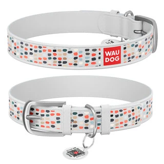 Ошейник WAUDOG Design с рисунком "Смешные точки", премиум кожа, металлическая пряжка (ширина 12 мм, длина 19-25 см), белый